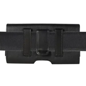 Black leather mobile phone waist bag with belt loops and clip for men daily carry.