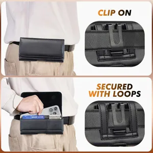 Detailaufnahme einer schwarzen PU-Leder-Gürteltasche mit Gürtelclip und Befestigungsschlaufen.