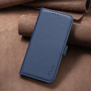Blauwe PU lederen flip telefoonhoes met magnetische sluiting en kaartvak, detailweergave.