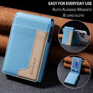 Magnetic leather card holder wallet for men, vertical 8 slots card case with auto-aligning magnets.