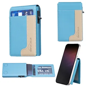 Close-up detail view of blue leather pop-up card wallet featuring magnetic flip stand.