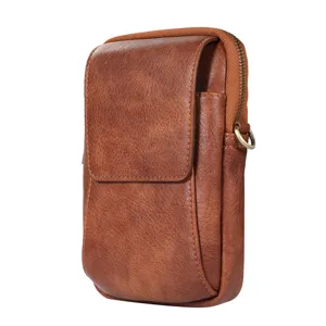 Pochette de Téléphone en Cuir Rétro pour Hommes Sac de Ceinture Grande Capacité Portefeuille Zipper Étui Pochette de Ceinture
