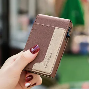 Men's vertical leather pop-up card holder wallet with magnetic flip design, brown and beige.