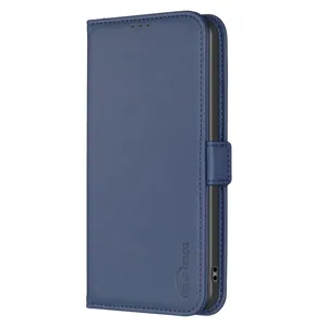 Blauwe PU lederen flip portefeuille telefoonhoesje met magnetische sluiting en precieze uitsparingen.