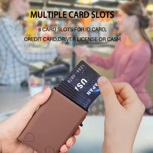 Men minimalist metal popup card holder with multiple card slots and leather finish detail.