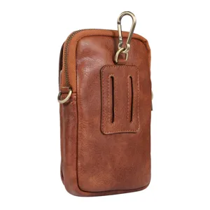 Sac de taille en cuir marron vintage pour homme pochette de téléphone avec boucle de ceinture.