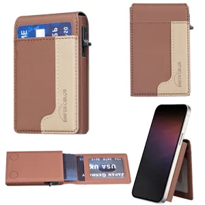 Men's magnetic PU leather pop-up card holder wallet with multi-slot stand design brown
