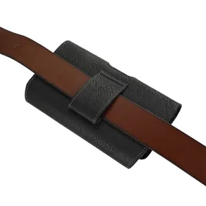 Black leather horizontal phone holster with brown belt, magnetic closure pouch for daily use.