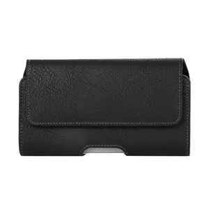 Detail view of black horizontal phone holster for men, PU leather waist bag with belt loop.