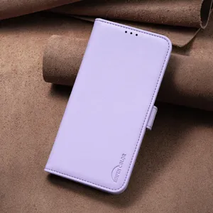 Paarse PU leer telefoonhoesje detail, flip cover ontwerp met handige magnetische sluiting.