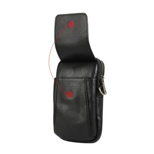 Sac de taille pour téléphone en cuir noir pour hommes avec boucle de ceinture et fermeture.