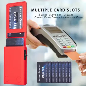 Red leather metal card holder wallet with multiple slots and ID window for men daily
