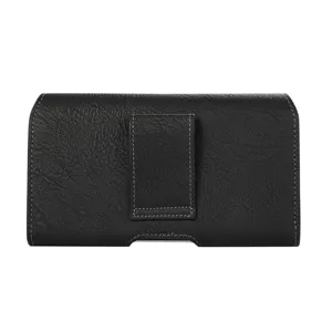 Close-up detail of the black leather horizontal cell phone holster with belt clip and clasp.