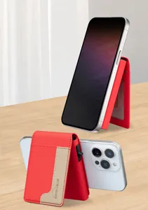 Magnetic leather phone wallet stand with card slot, versatile flip card holder for men.