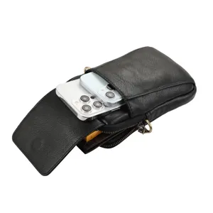 Sac de taille de téléphone en cuir noir pour hommes pochette ceinture utilitaire détail