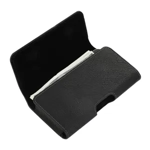 Detail view of a black horizontal leather phone holster with belt loop and magnetic closure.