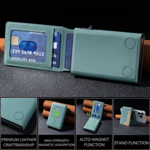 Men metal card holder wallet, magnetic flip leather card case with pop-up slots and stand function.