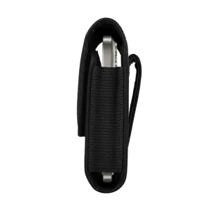 Side detail view of the black tactical phone holster showing slim profile and belt loop.
