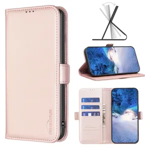 Roze PU lederen flip telefoonhoesje met kaartsleuven en standaardfunctie voor details.