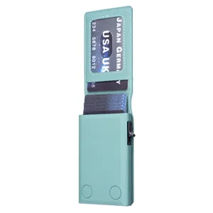 Men's vertical leather metal card holder with pop up design and magnetic flip ID window.