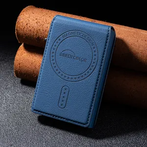 Blue magnetic leather card holder metal wallet RFID blocking slim pocket card case for men