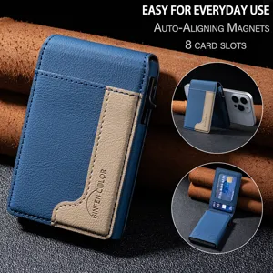 Magnetic leather card holder for men, 8 card slots, slim metal wallet with auto magnets.