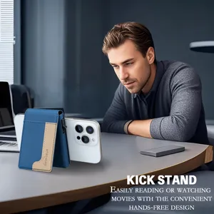 Magnetic leather card holder wallet with kickstand for phone, hands-free viewing stand.