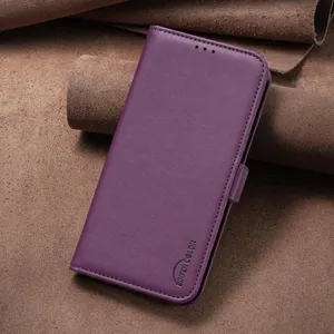 Paarse PU lederen flip telefoonhoes met magnetische sluiting en handige standaardfunctie.