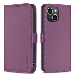 Elegante paarse lederen flip telefoonhoes met veilige magnetische sluiting voor iPhone.
