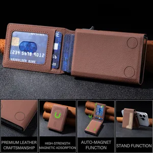 Men's magnetic leather pop-up card holder wallet with multi-card slots and stand function.