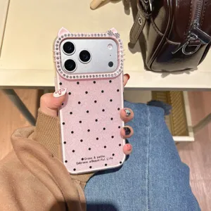 Funda para teléfono con purpurina de lunares rosas y orejas de gato para iPhone 16 17 Pro Max