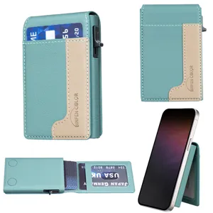 Multi-function leather pop-up card holder wallet with phone stand feature for men.
