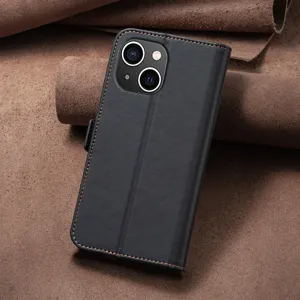 Zwarte PU lederen flip telefoonhoes met nauwkeurige stiksels en handige magnetische sluiting.