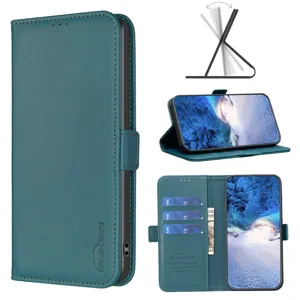 Turquoise PU lederen portefeuille telefoonhoesje met kaartsleuven en stand voor iPhone.