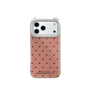 Funda de teléfono con purpurina de lunares estilo coreano con marco de cámara de estrás de gato