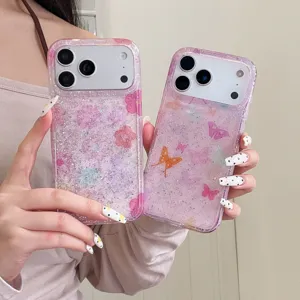 Roze glitter vlinder bloem telefoonhoesje voor iPhone 17 Pro Max 16 15 volledige hoes