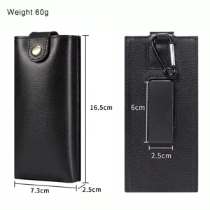Detail view of black leather phone pouch with belt clip, carabiner, and precise dimensions.