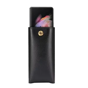 Vertical leather waist pouch for foldable smartphone with metal snap button and belt loop holster.