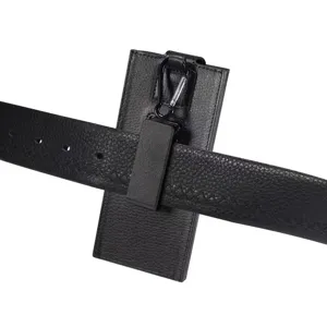 Black leather phone holster case with belt clip and carabiner for foldable smartphones.