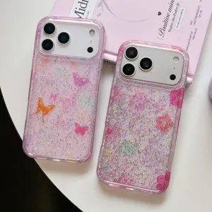 Roze glitter vlinder telefoonhoesje voor iPhone, stijlvolle IMD beschermhoes accessoire.