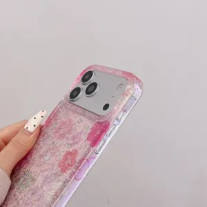Roze glitters bloemen vlinder telefoonhoesje, transparante flexibele beschermende achterkant.