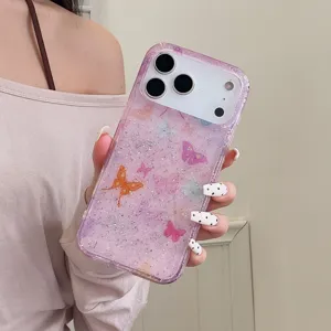 Roze glinsterende vlinder telefoonhoesje voor iPhone, stijlvolle IMD beschermhoes.