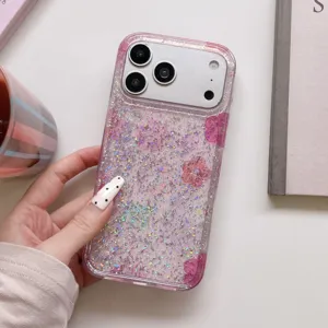 Roze glinsterende bloemen telefoonhoesje compatibel met iPhone 16 17 Pro Max full cover IMD.