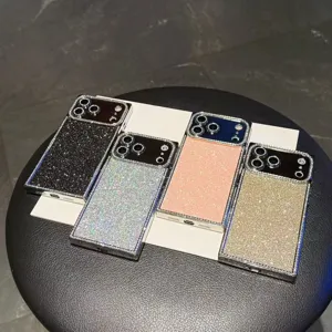 Luxury Electroplated Square Edge Glitter Rhinestone Phone Case Epoxy Leather Back Cover For iPhone Series Protector Shell