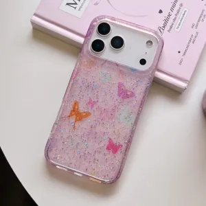 Roze glinsterende vlinder telefoonhoesje compatibel met iPhone 17 Pro Max 16 15 hoesje IMD