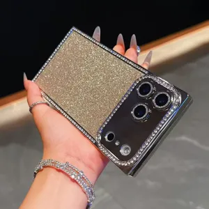 Luxury bling rhinestone square phone case with glitter gold back for sparkling daily protection.
