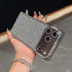 Bling glitter square edge phone case detail closeup showing crystal rhinestones and silver finish.