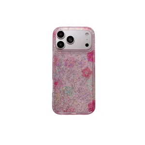 Roze glitter telefoonhoesje met bloemenpatroon en volledige IMD bescherming voor iPhone.