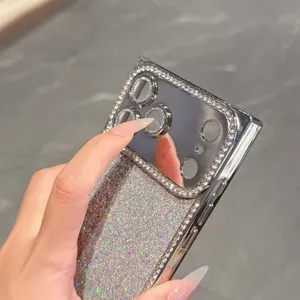 Detailed close-up of luxury rhinestone sparkly mirror phone case with electroplated square edge.