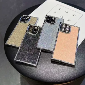 Square electroplated glitter rhinestone leather phone case with lens protection for iPhone